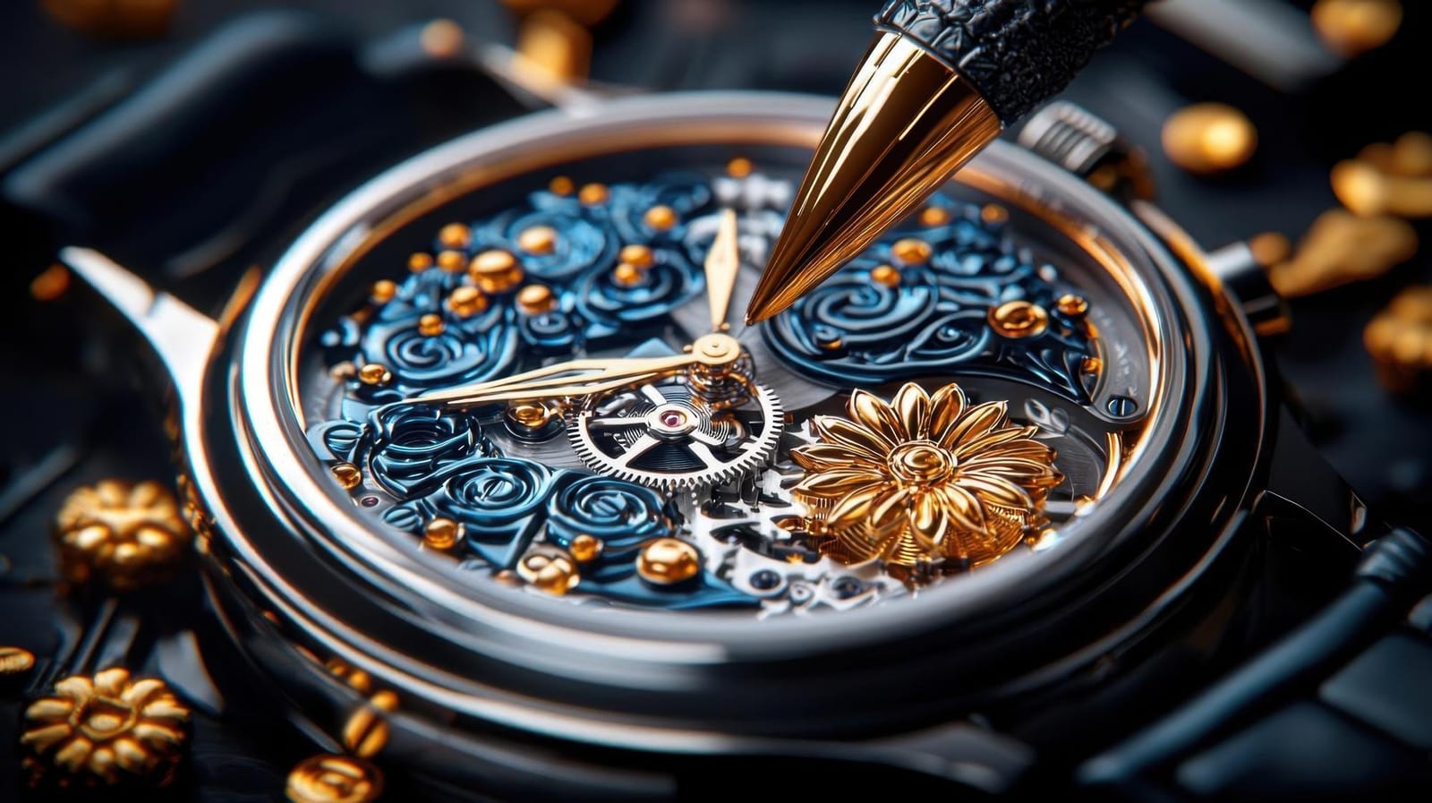 Orologiaio al banco di lavoro mentre regola un movimento meccanico